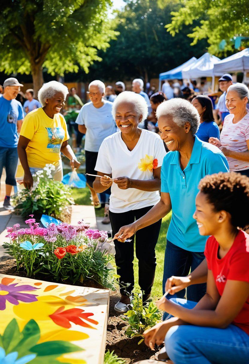 A diverse group of people of various ages and ethnicities coming together in a community park, sharing smiles and laughter, engaging in collaborative activities like painting a mural and planting flowers. In the background, colorful banners promoting local initiatives flutter in the breeze. The atmosphere is warm and inviting, conveying a sense of unity and affection. The scene is bathed in soft, golden sunlight, creating a cheerful and hopeful ambiance. super-realistic. vibrant colors. 3D.