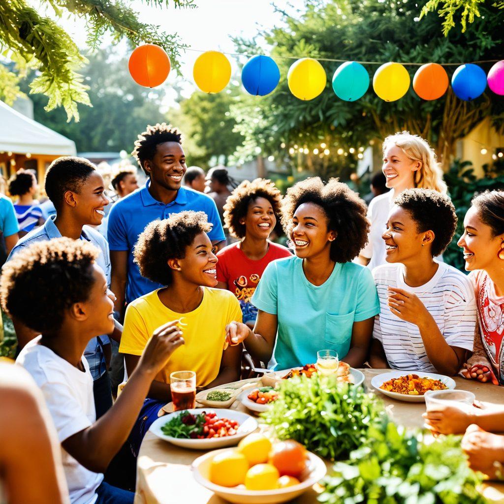 A warm, vibrant scene of a diverse group of people engaged in a joyful community event, surrounded by colorful decorations and plants. They're sharing food, laughter, and stories, embodying connection and togetherness. In the background, children play and adults chat, creating an atmosphere of affection and support. The sunlight shines beautifully, creating a welcoming vibe. bright and cheerful. vibrant colors. super-realistic.
