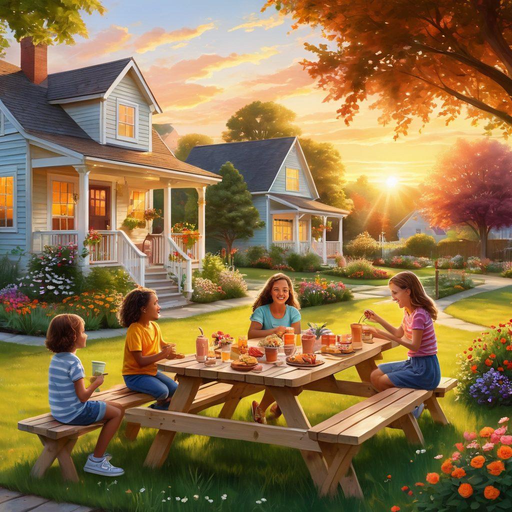 A warm, inviting neighborhood scene showing diverse neighbors coming together in a communal garden, planting flowers and sharing laughter. In the foreground, a picnic table with homemade treats, kids playing nearby, and a sunset casting a golden glow. The atmosphere radiates trust and friendship, with vibrant expressions and details of flowers flourishing. vector art. vibrant colors. soft focus.